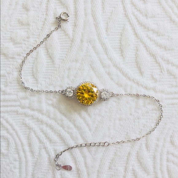 Canary Yellow CZ Dainty Silver Charm Bracelet - Picture 2 of 3